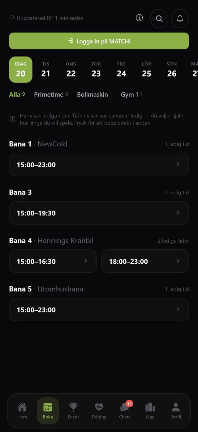 Lediga tider per bana i appen